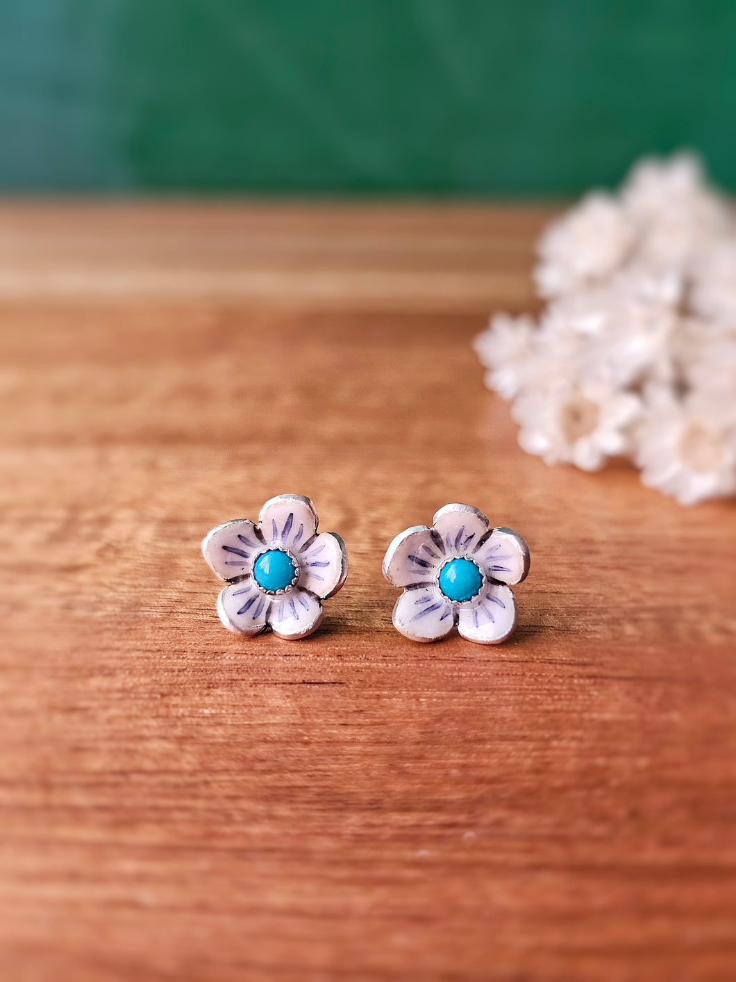 Enamel Flower Studs - White with Turquoise