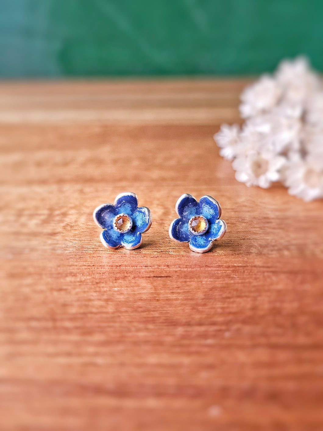 Enamel Flower Studs - Blue with Citrine